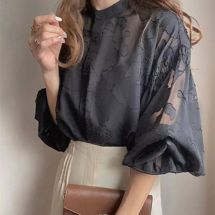 일본 라쿠텐 여름 신상 플로럴 자카드 랜턴 슬리브 투명 셔츠