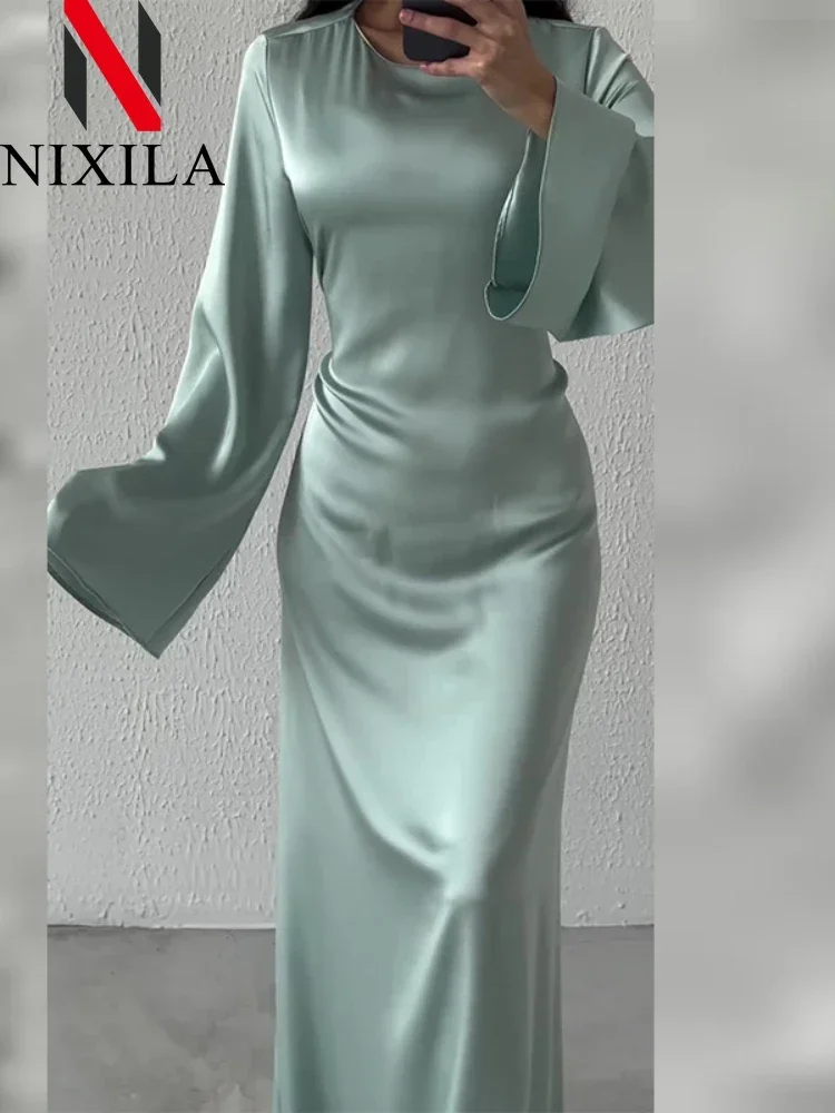 New Spring Autumn Womens Long Dresses Fashion Simple Round Neck Satin Flare Sleeve Lace Up Slim Evening Female Sexy Party Dress
