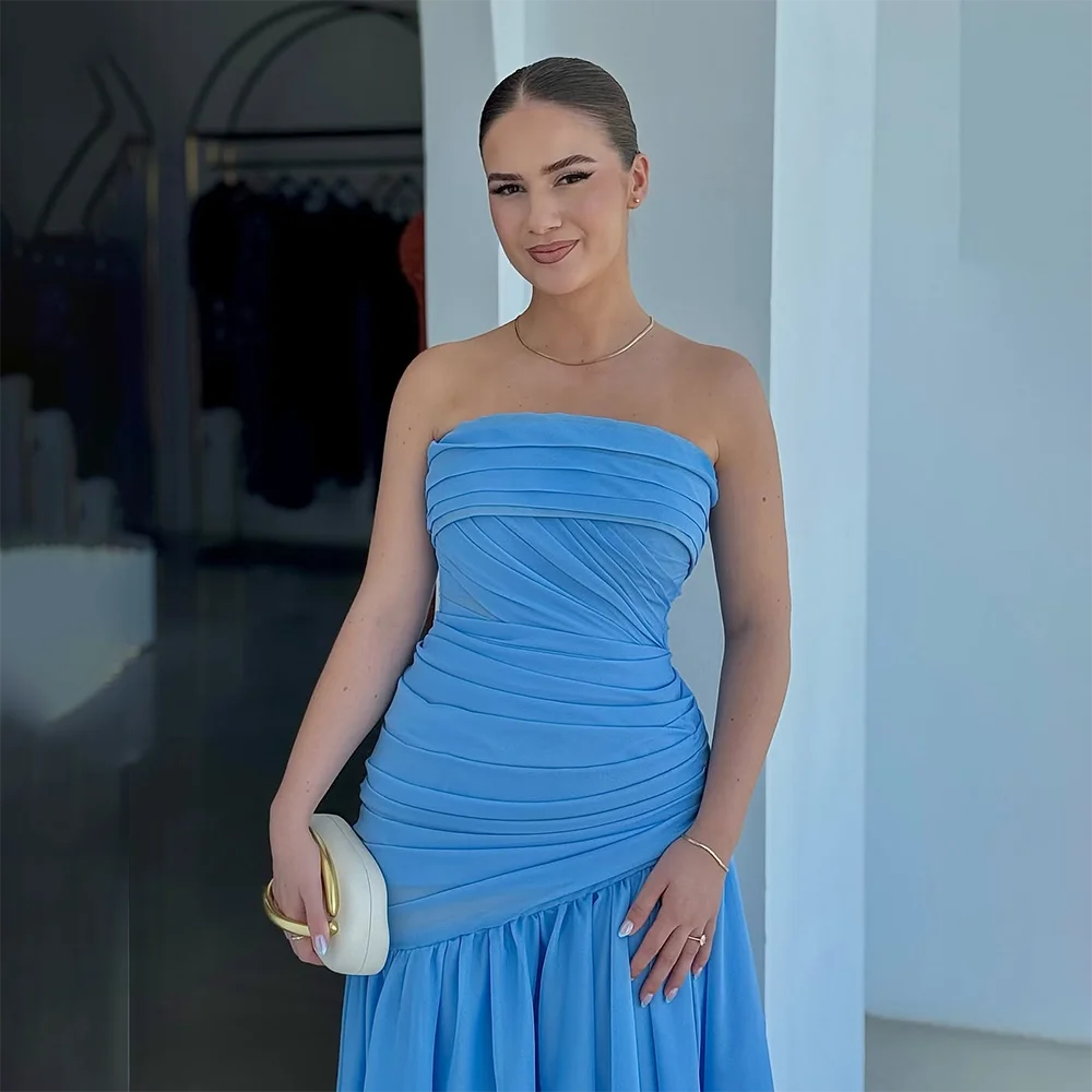 

Blue Evening Dress Customized Strapless Simple Evening Gowns for Women 2025 Pleated Chiffon A Line Formal Party Dresses Long