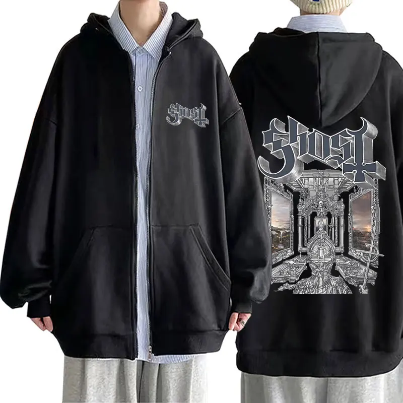 Ghost Skeletour World Tour 2025 Zipper Hoodie Vintage Terror Skeleton Zip Up Jacket Men Women Gothic Punk Rock Zip Up Sweatshirt