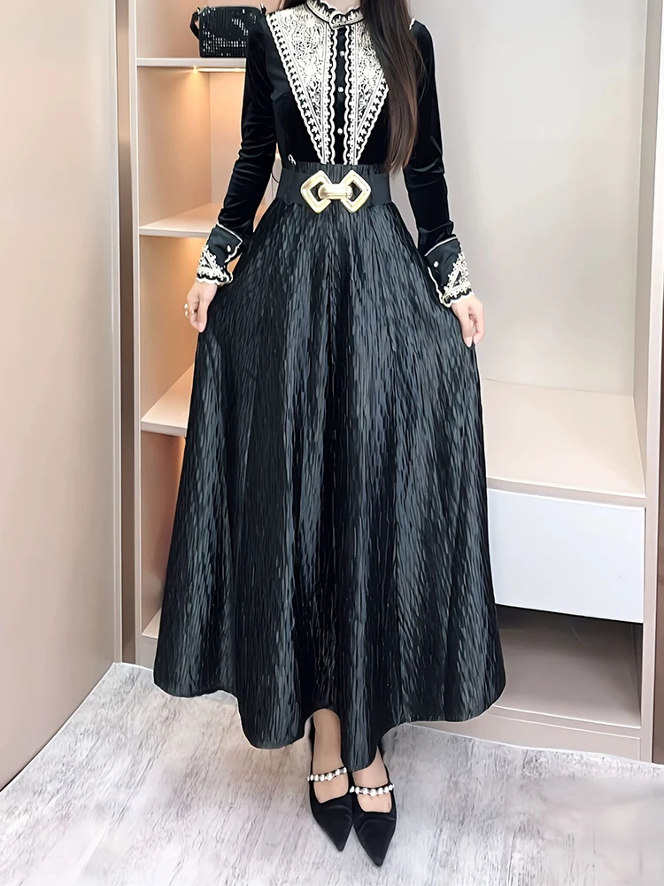

New High Quality Retro Long Dresses Spring Women Stand Collar Long Sleeves Dress Summer High Waist Pullover Knee Length Dress