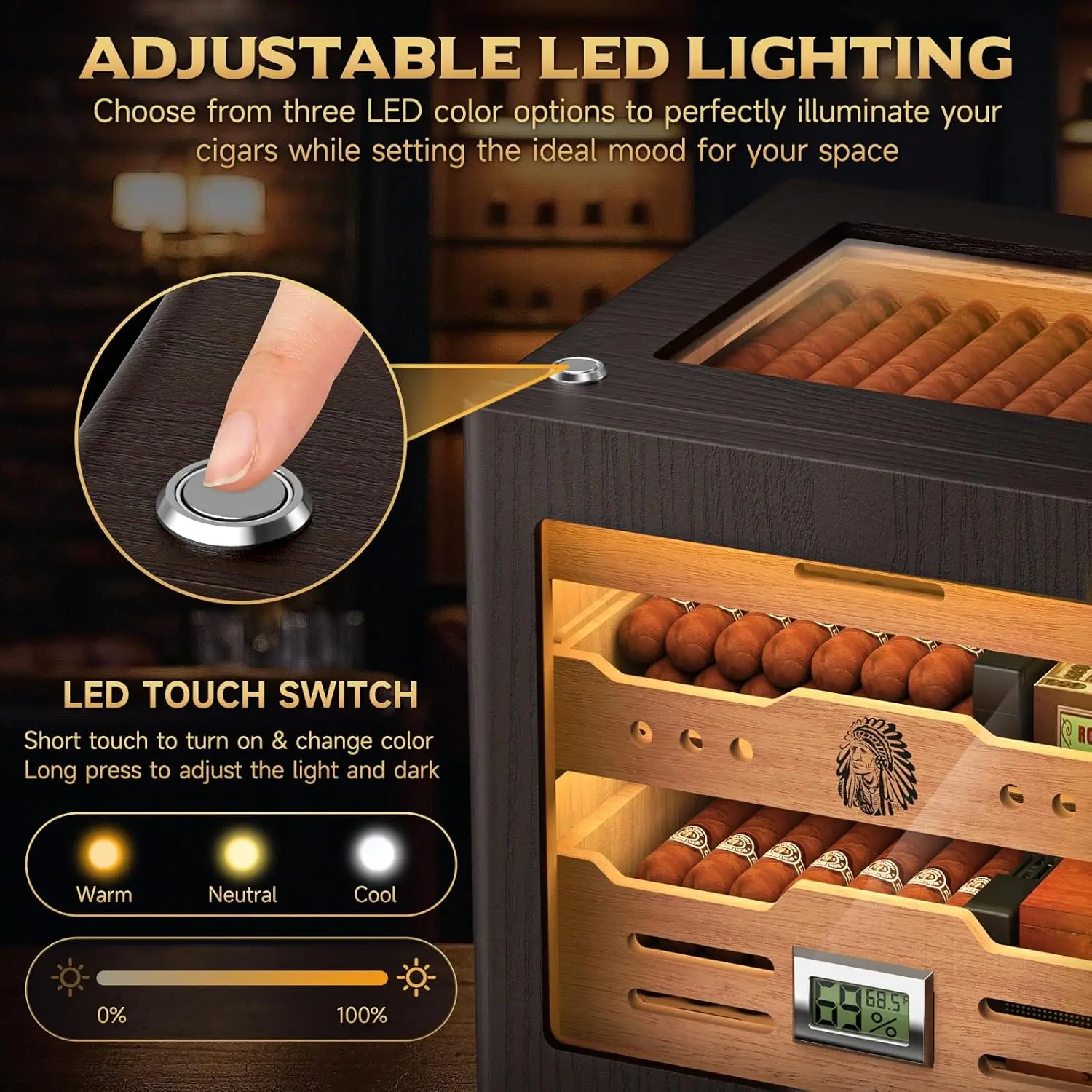 خزانة سيجار قابلة للتعديل مع مقياس رطوبة رقمي، 3 أدراج من خشب الأرز وغطاء زجاجي تتسع لـ 80-100 سيجار