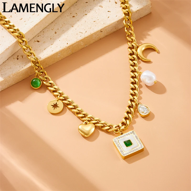 LAMENGLY 2024 New 316l Stainless Steel Square Green Crystal Moon Star Pendant Necklace Women Leisure Choker Chain Jewelry Gift