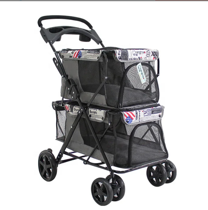 Outdoor Luxury Double Dog Stroller Foldable 4 Wheels Dog Pram Trolley 3 in 1 Twin Pet Stroller for Dog Cat