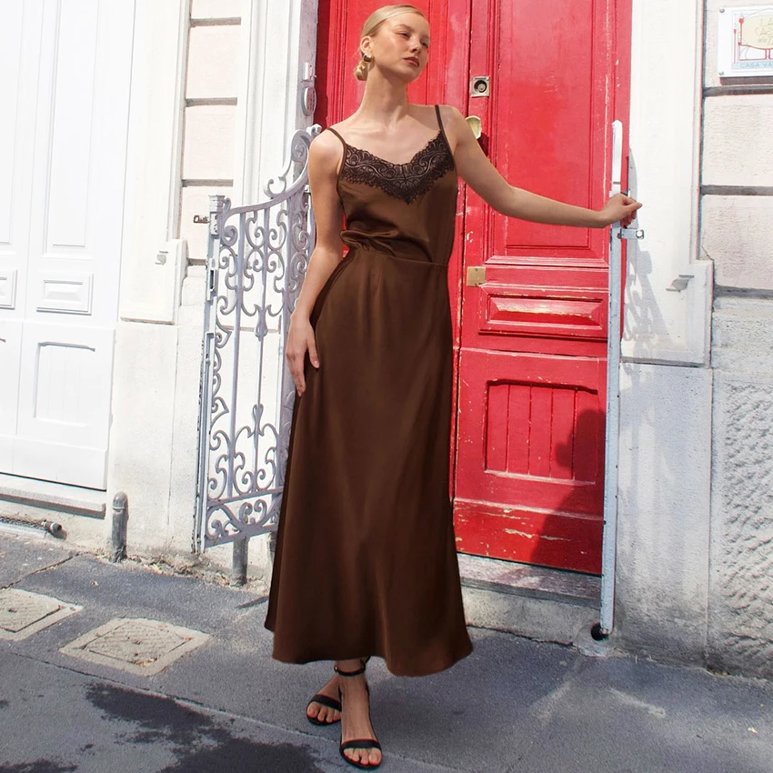 Linad Elegant Brown Satin Long Straight Dress Sexy Lace High Waist Dresses Female Street Chic Slim Spaghetti Strap Dress 2025
