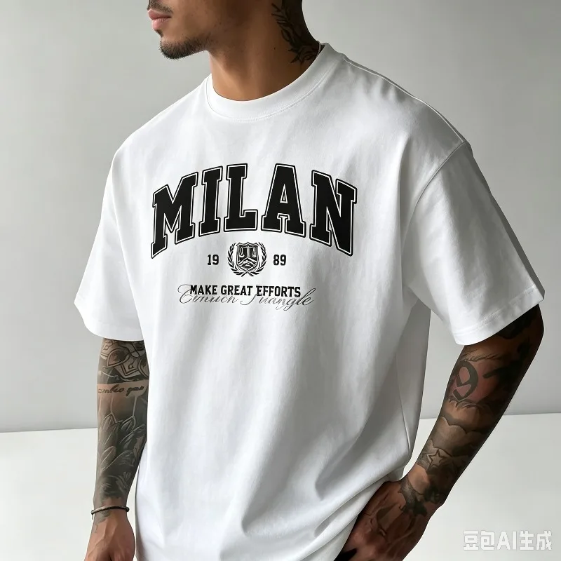 MILAN 19 89 MAKE GREAT EFFORTS Crest Shield Print T-shirt, Modal Crew Neck Tee, Men Vintage Streetwear for Daily Urban