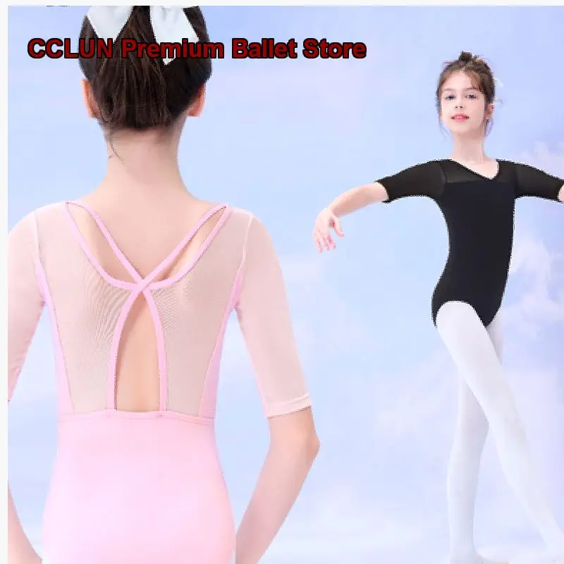 Children's Girls One-Piece Dance Dress Practice Leotard Gymnastics Middle Sleeves Kids Jumping Outfit Summer