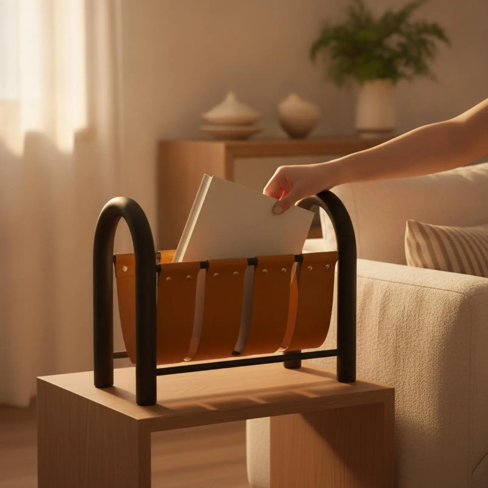 elegant-newspaper-holder-with-leather-panels-and-iron-frame-for-living-room-sofa-side-storage