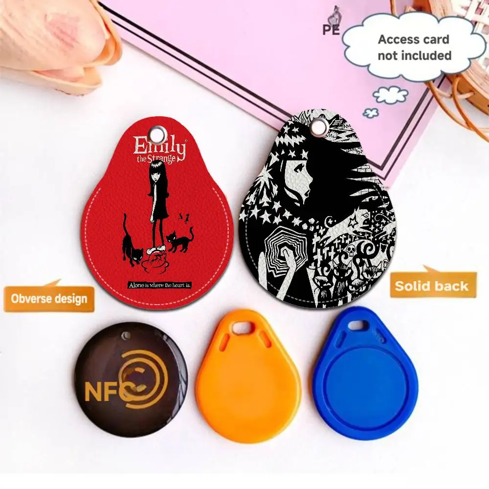 Comics Emily The Strange PU Leather Card Holder Keychain Key Ring Door Access Tags Case Keychain Access Card Bag Key Tag Ring