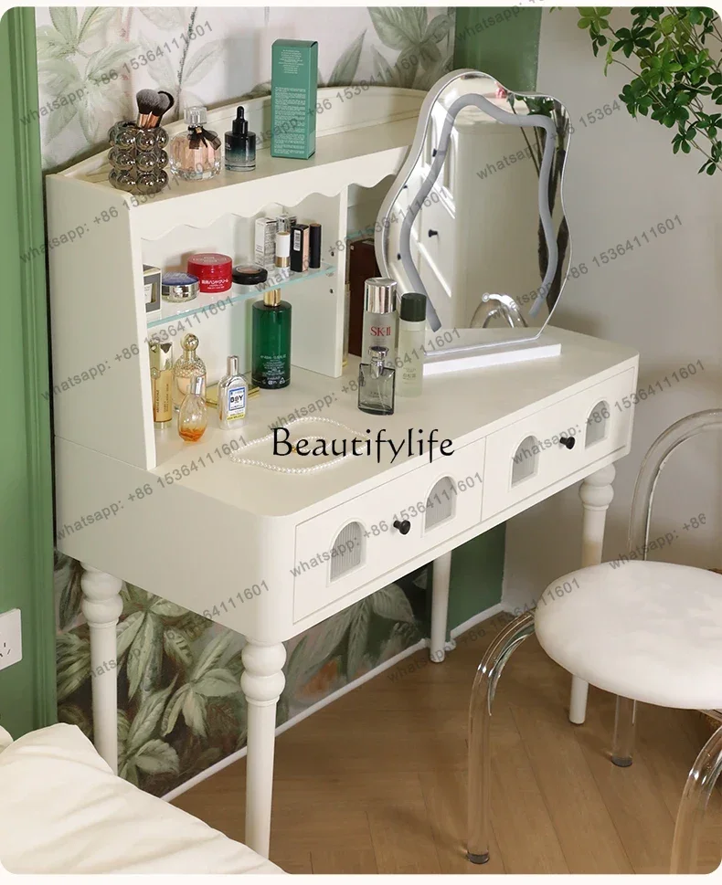 Light French Retro Solid Wood Small Apartment Dressing Table Bedroom Modern Light Luxury Makeup Table Cosmetic Mirror