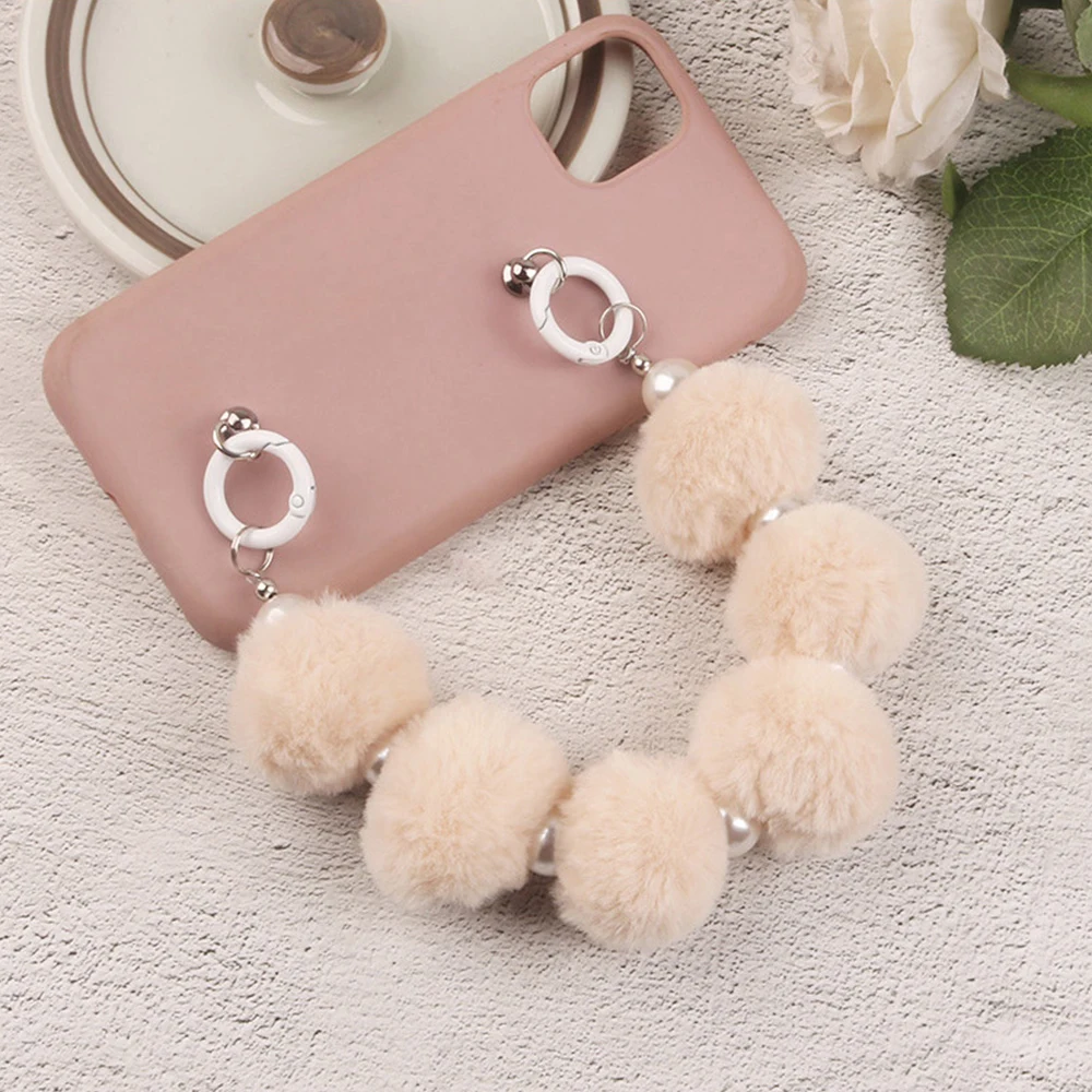 1pc Plush Ball Hanging Chain Plush Colored Ball Chain Bag Pendant Bag Chain Phone Case Decoration Creative Imitate Pearl Sweet