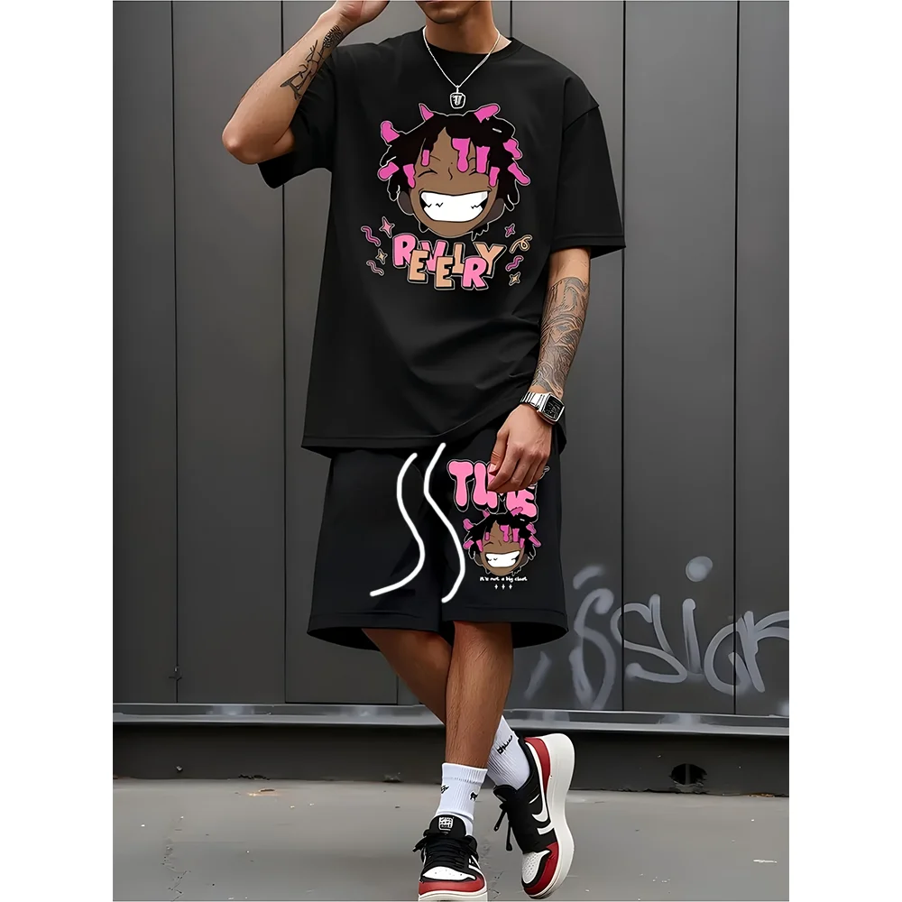 

Men's Casual Sportswear Set Hip-Hop Style Cartoon Print Short-Sleeved Summer Outdoor Quick-Drying Breathable T-Shirt And Shorts