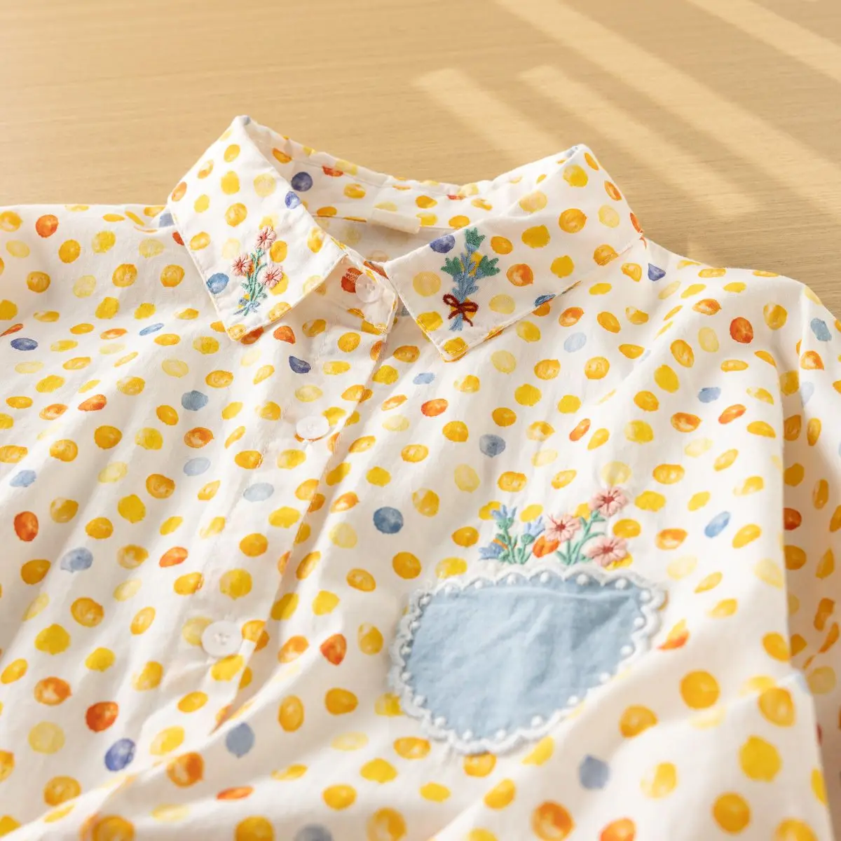 Fresh Kawaii Sweet Colorful Polka Dots Shirt Blouse Pocket Stitch Cotton Embroidery Long Sleeve Tee Top 2024 Spring Mori Girl