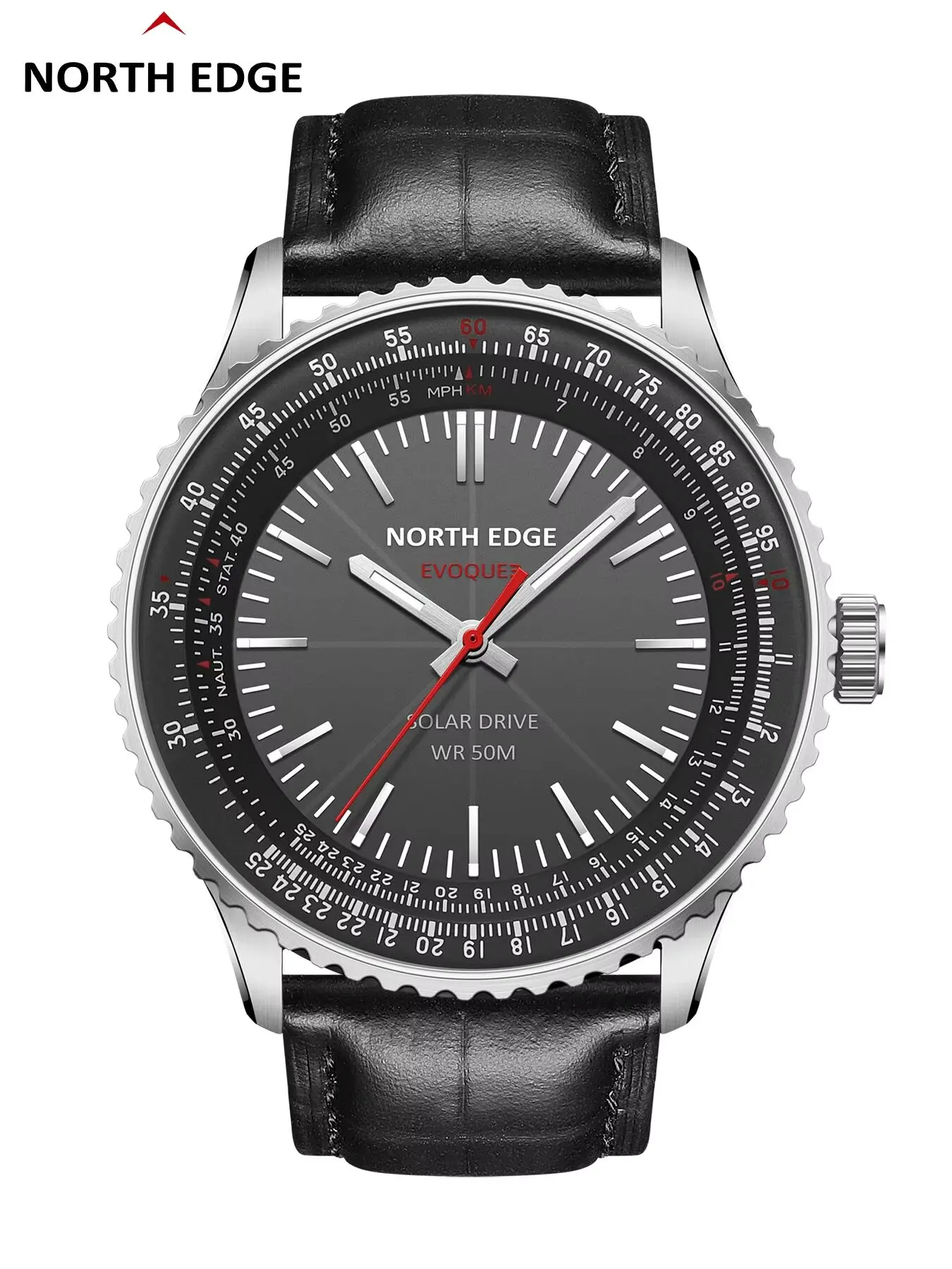 NORTH EDGE EVOQUE 3 Pilot Series Watch For Men Aviation Military Solar Powered Watch Leather Strap Luminous Stainless Steel Case