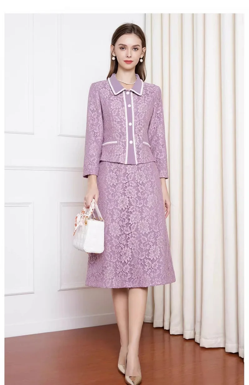 Top Quality New Fashion Designer Clothing Sets 2023 Autumn Winter Lace Coat Jackets+Mid-Calf Length Purple Lace Skirt Suits Set