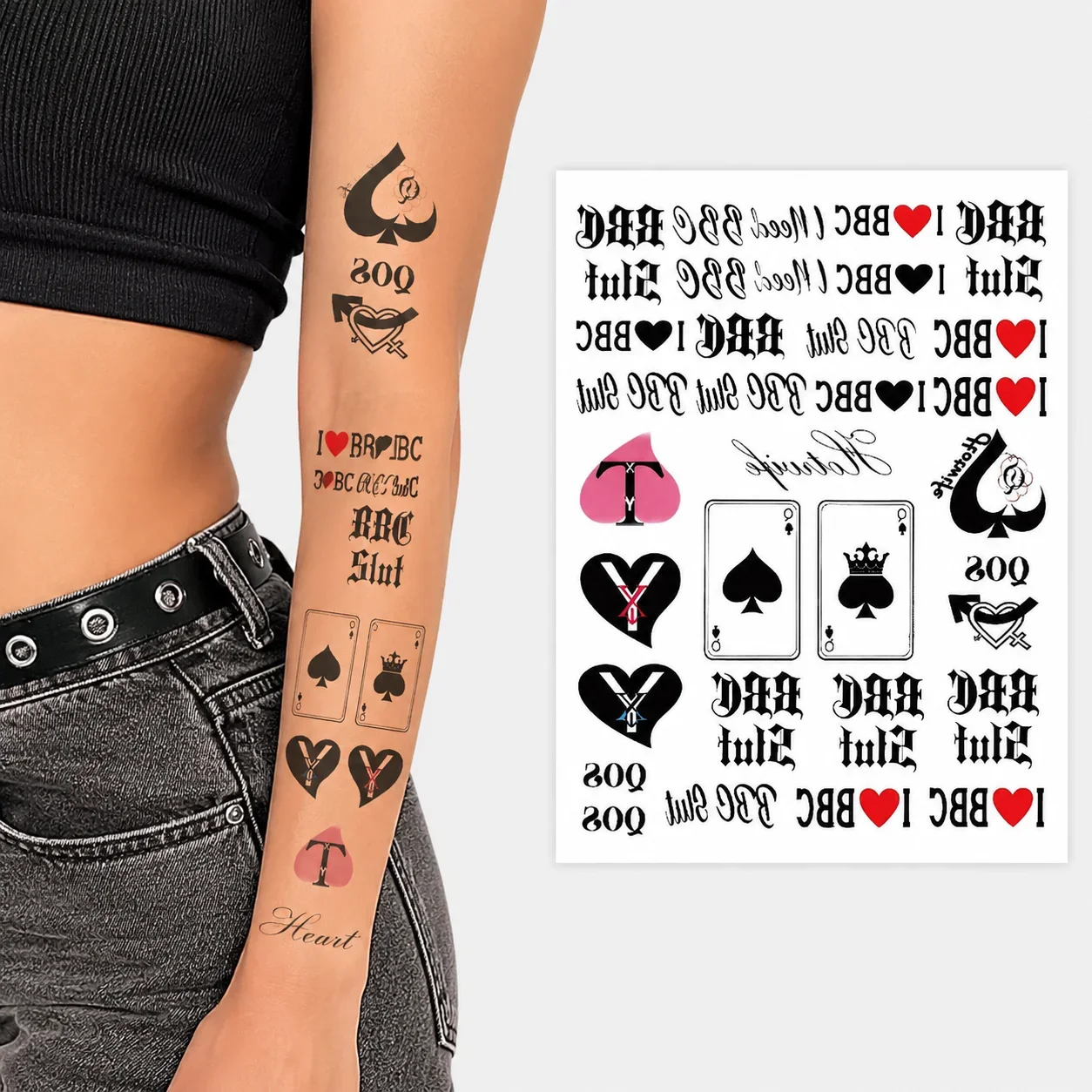 Gothic Spade Heart Playing Card Temporary Tattoo Disposable Tattoo Sticker, Waterproof