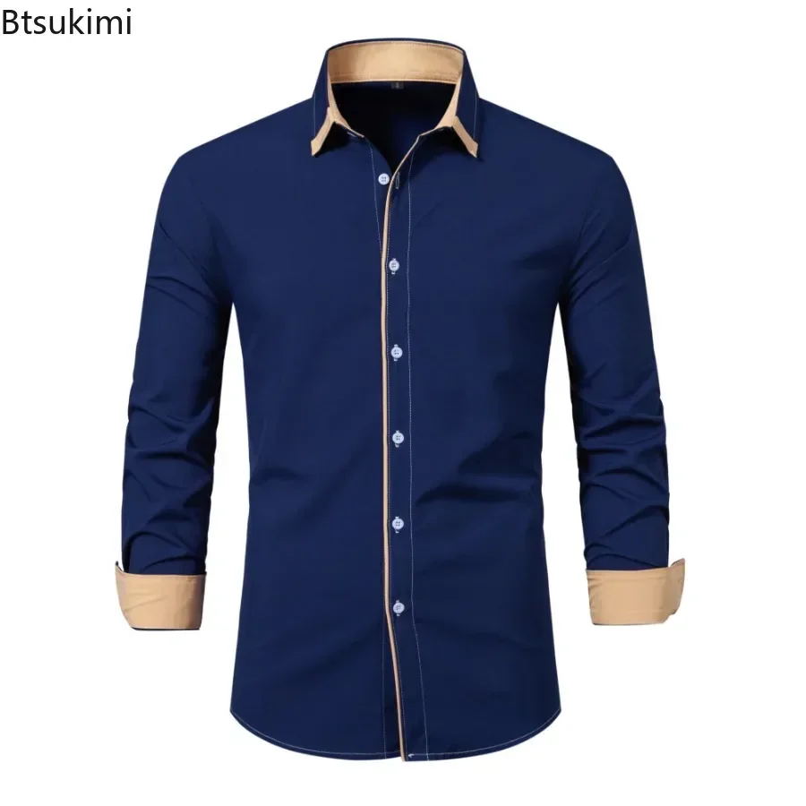 2025 Nowe wiosenne koszule z długim rękawem Moda męska Biznesowe koszule casualowe Slim Button Lapel Patchwork Social Shirt Tops Męskie