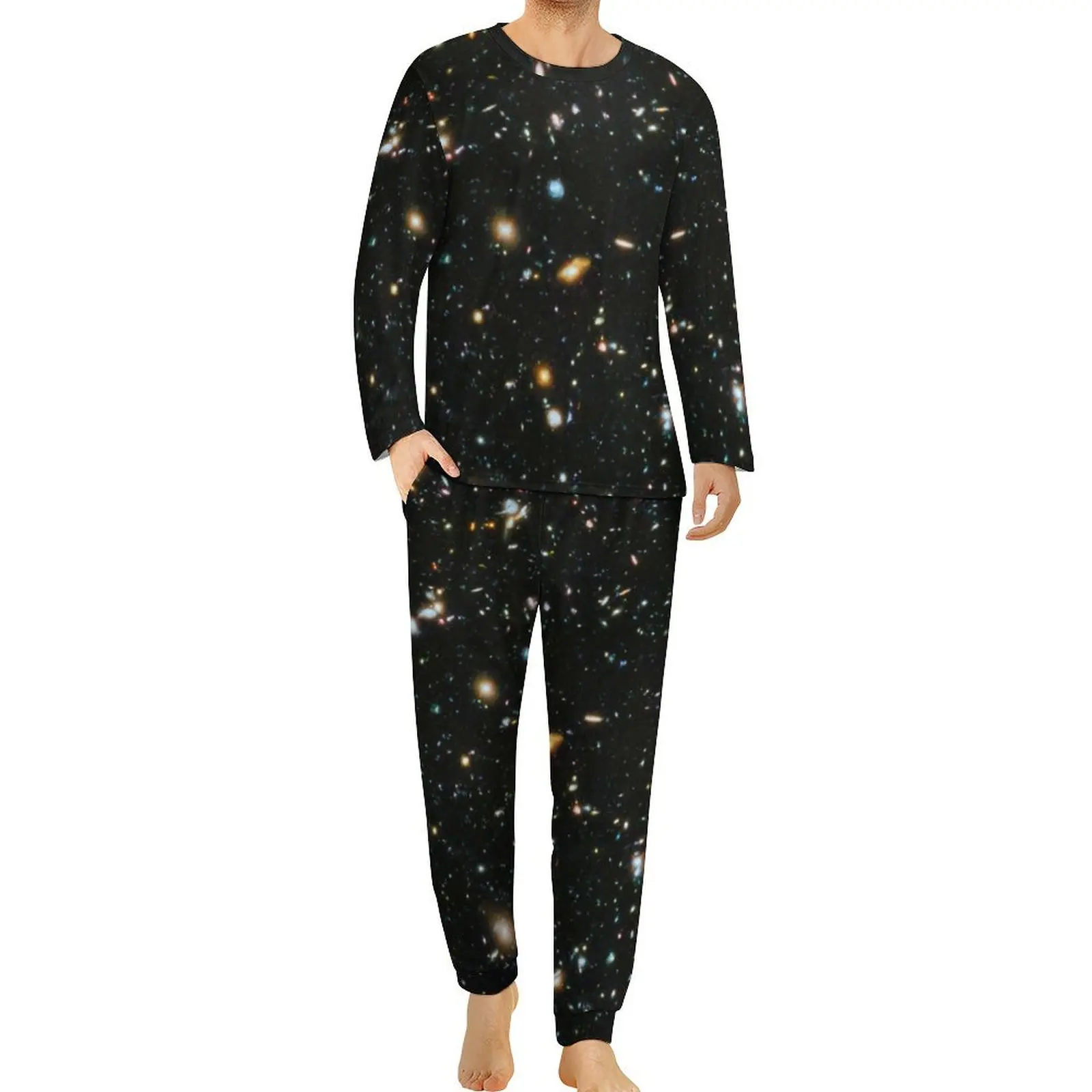 Galaxy Star Pajamas Artistic Stars Space Black Men Long Sleeve Cute Pajama Sets 2 Pieces Bedroom Winter Pattern Home Suit Gift