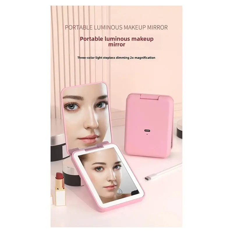 A60zcompact Mini Vanity Folding Cosmetic Mirror With Lights Hand Held Small Pocket Travel Makeup Mirror 2X Magnifyingmay
