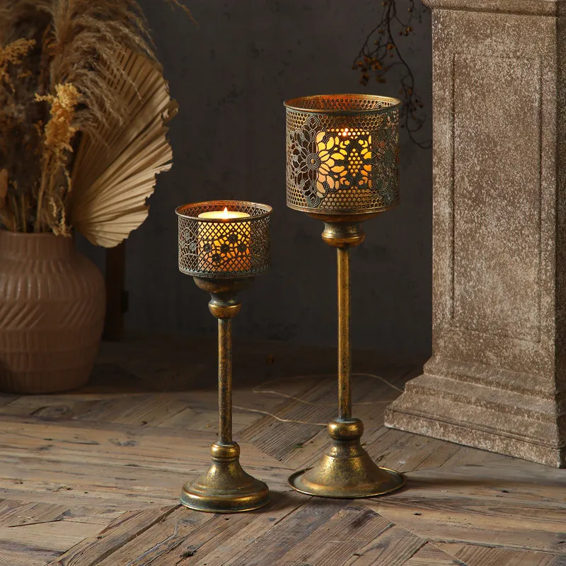 Old wrought iron hollow candlestick home decoration ornament creative light luxury tall candlestick shooting props