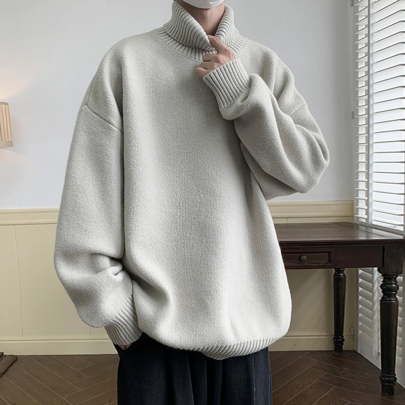 

Loose Men's High Ne Knitwear Comfortable Warm Pure Color Overhead Sweater Spring Autumn Casual Faion Nylon Long Sve