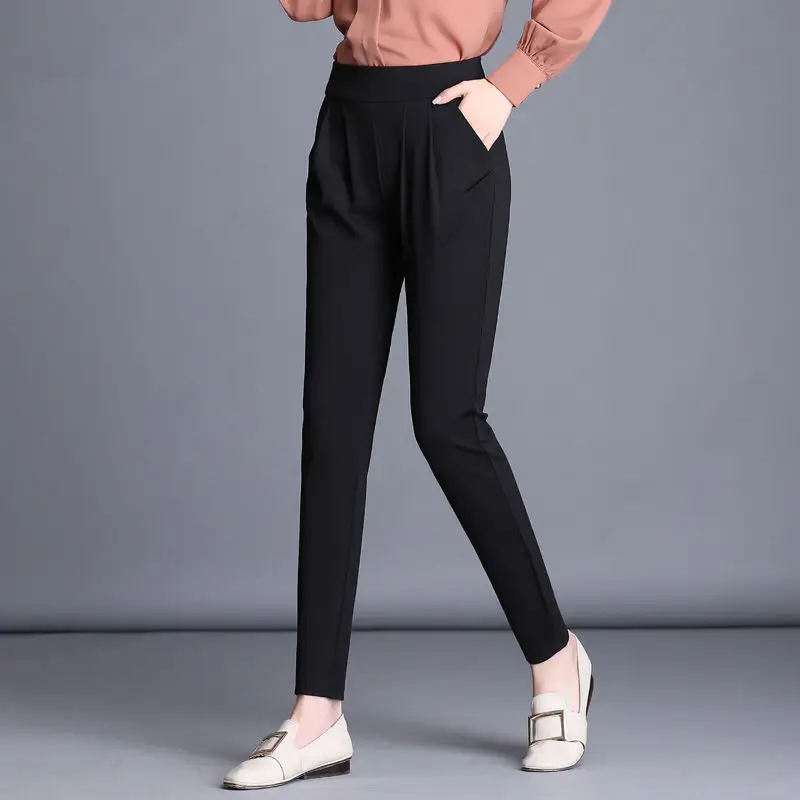 Autumn Winter New All-match Plus Velvet Thickening Pockets Slim Black Pants Women Casual Elasticity High Waist Harem Trousers