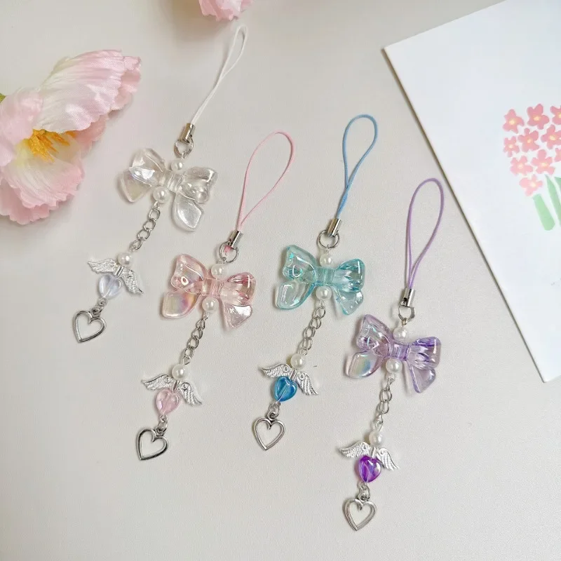 Phone Charms Transparent Bow Mobile Phone Lanyard Girls Cellphone Decorative Pendant Keychain Smartphone Chain Short Strap