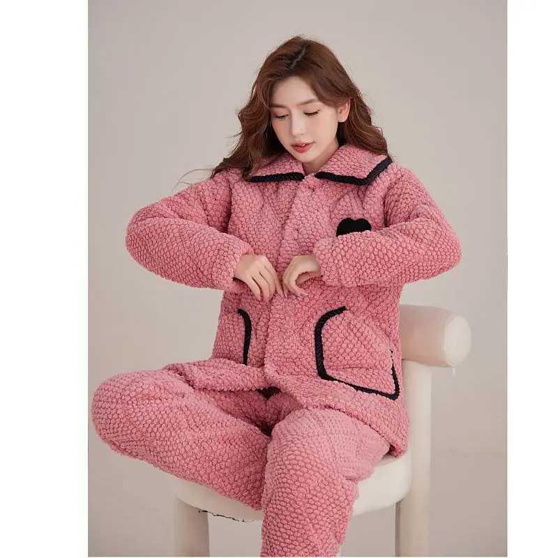 

2024 Winter New Women's Three-layer Quilted Cotton Pajamas Plus Cashmere Thickened Warm Winter Rose Velvet Set Casual Home Wear