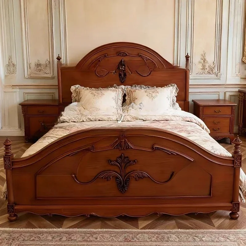 Y Carved Roman pillar bed antique wood color master bedroom double bed