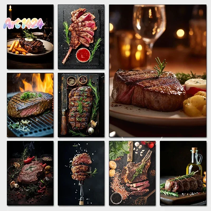 Delicious Grilled Tomahawk Steak Posters Retro Meat Cuts Steak Guide BBQ Prints Canvas Painting Wall Pictures Home Kitchen De