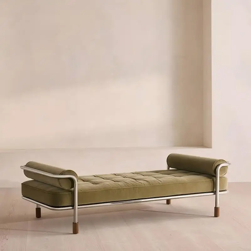 Simple style chrome metal frame rat tail green velvet recliner with tufted decoration double recliner with double pillow