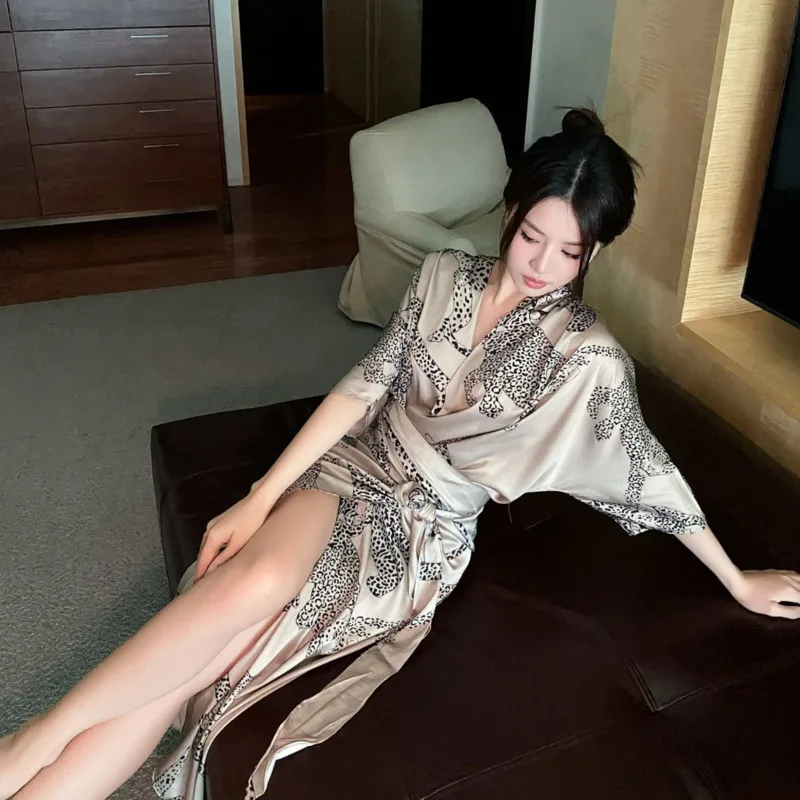 2024 Autumn New Ice Silk Nightgown Light Luxury French Home Wear High Quality Smooth Satin Pattern Jacquard Pajama Lady Robes