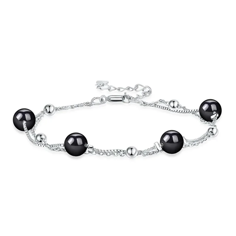 

Deluxe 925 Sterling Silver Elegant black agate jade Bead bracelet Women's simple fashion party wedding jewelry length 20CM