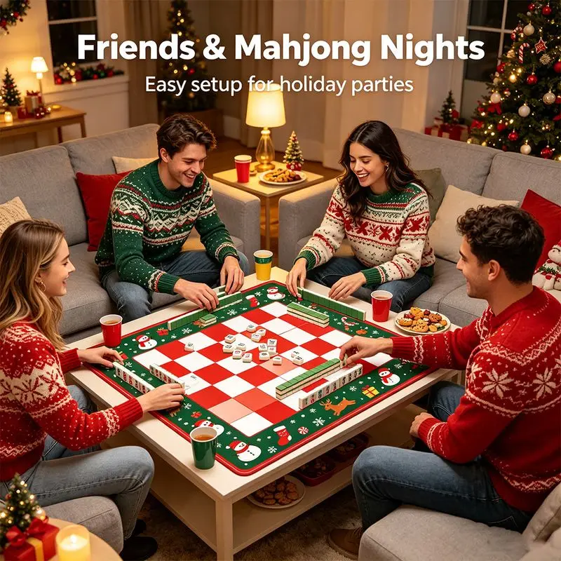 VIKAMA Xmas Mahjong Table Mat Anti-Slip Shock Absorbing Game Pad for Patio Deck Picnic Gathering Indoor Leisure Home Decor