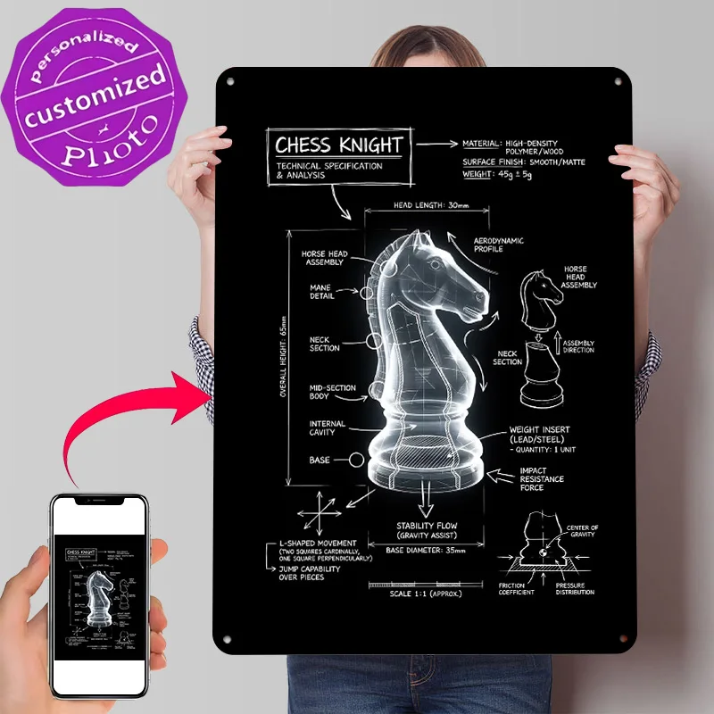 Chess Knight Technical Blueprint 3D Printed Texture Poster Personalized Wall Art Retro Metal Tin Signs for Gaming Decoration