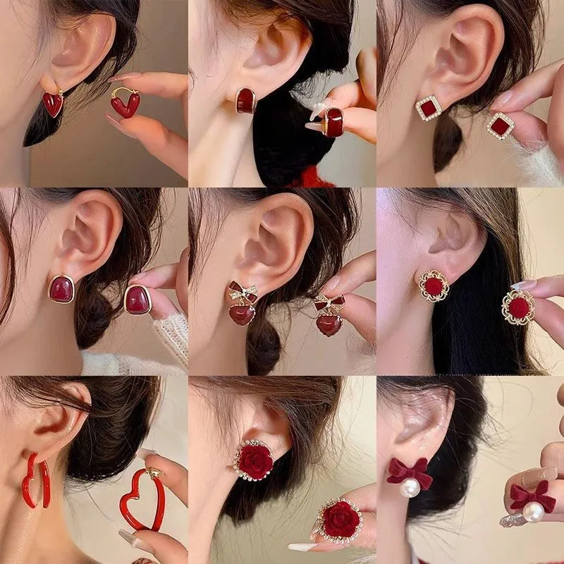 Wine Red Drop Glazed Earrings for Women Winter High-end Heart-shaped Aesthetics Stud Earrings 2025 New Year Party Jewelry Gift
