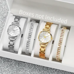 4PCS/Set Fashion Women's Watch Stainless Steel Strap Simple Quartz Watch With Double Row Diamond Bracelet