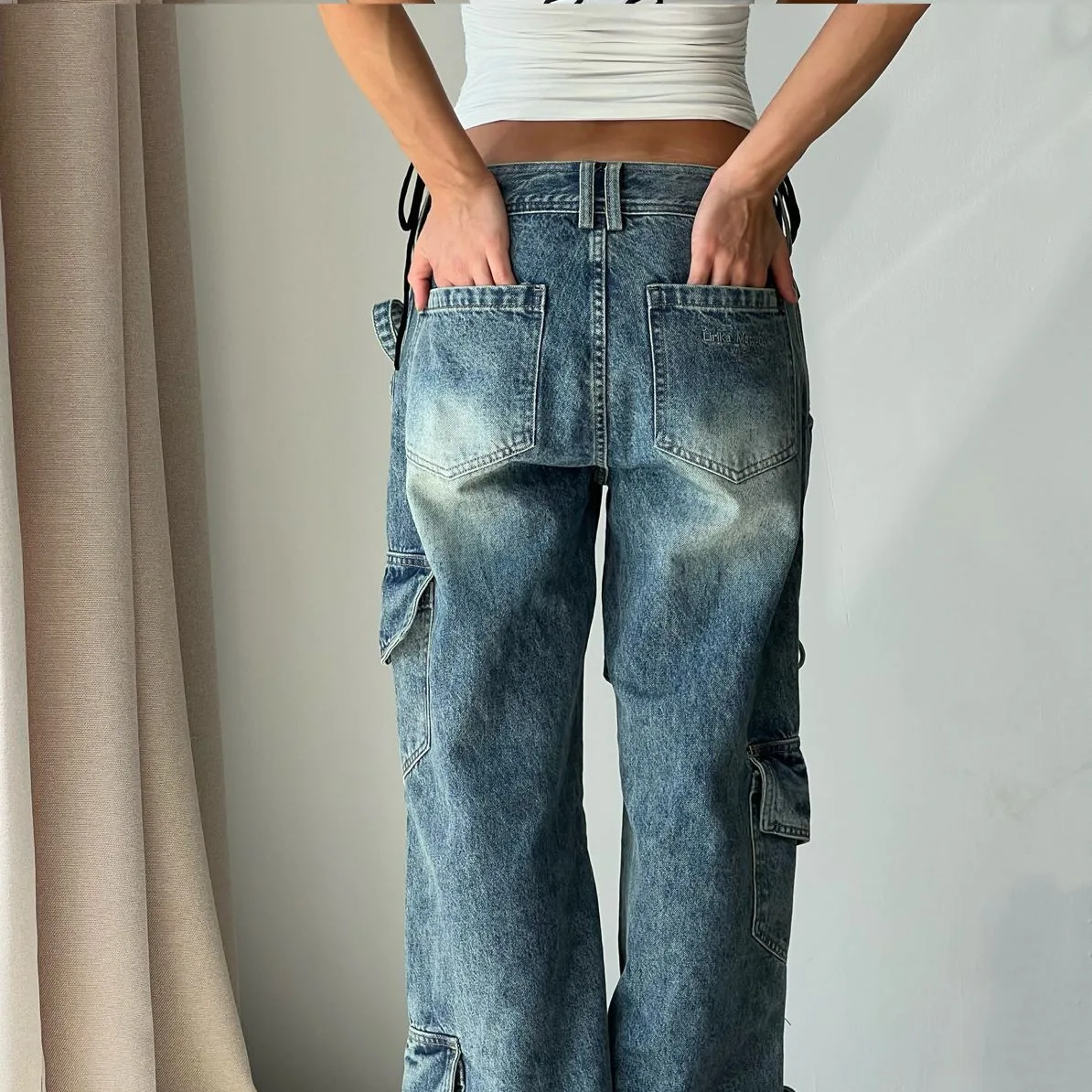 Vintage Bowknot Pocket Wide Leg Jeans Women Y2k Low Rise Sweet Casual Denim Trousers Coquette Baggy Cargo Jeans Gyaru Streetwear