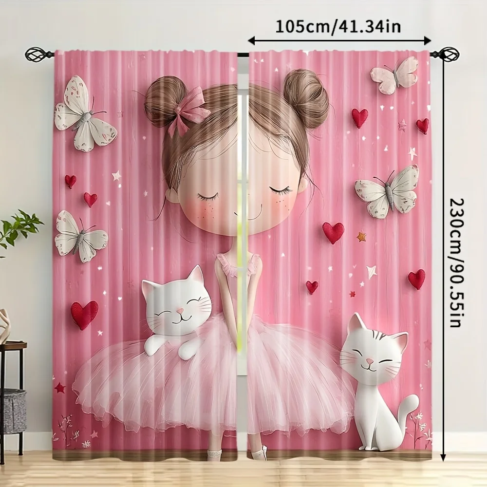 Cute Ballerina Girl with Cats Print Window Curtains for Bedroom Blackout Thermal Insulated Drapes for Privacy & Sweet Home Decor