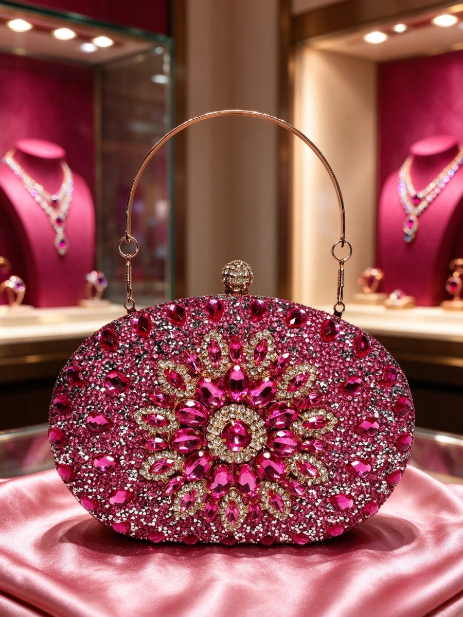 Fuchsia Crystal Floral Hard Shell Clutch, Elegant Evening Handbag For Wedding Party, Formal Purse For Mature Ladies Clutch Purse