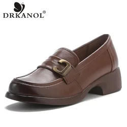 DRKANOL Fashion Genuine Leather Pumps Women Slip On Loafers British Style Retro Round Toe Metal Thick Heel Casual Shoes Big Size