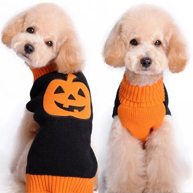Halloween Dog Sweater Costume Skull Pumpkin Holiday Clothes Chihuahua Teddy for Small Medium Large Dog Cat Autumn Winter Warm