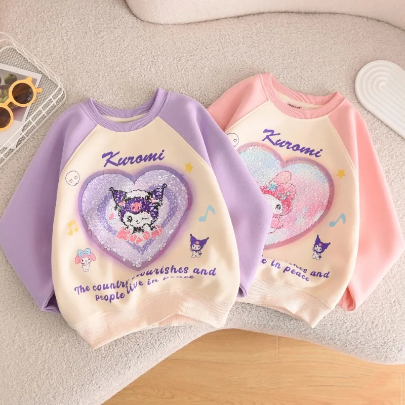 Primavera autunno Kawaii Sanrio Ins bambini che cambiano faccia camicia a maniche lunghe simpatico cartone animato Kuromi bambini felpa con cappuccio abbigliamento regali