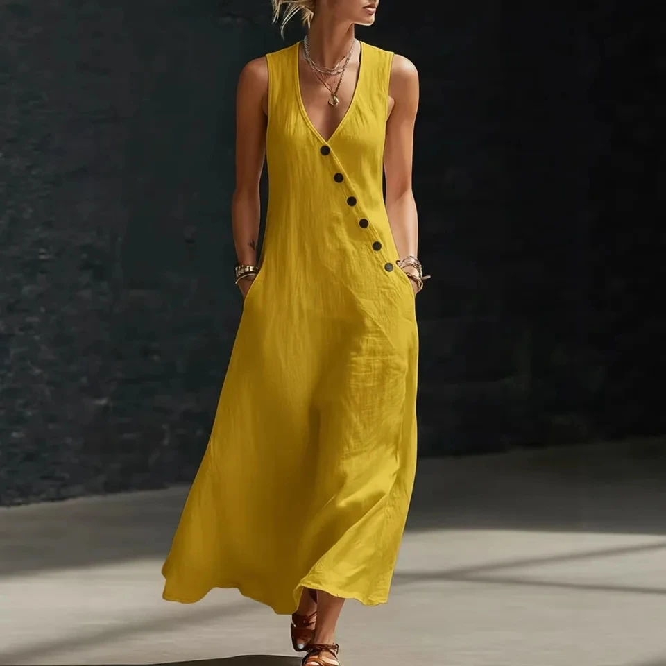 

Diagonal-breasted Sleeveless Vest V-neck Pocket Cotton Linen Long Skirt Women's Bohemian Solid Color Beach Vacation Loose Dress