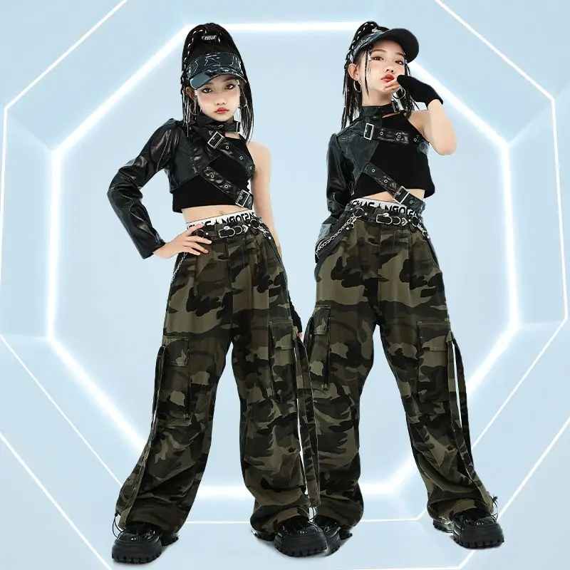 Jazz Dance Clothes Girls Kpop Costume Black Leather Sleeves Tops Hip Hop Performance Outfits Kids Concert Stage Clothing