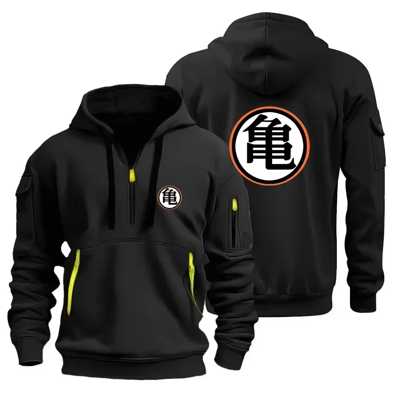 Dragon Ball Kame Symbol Tactical Hoodie Half Zip Multi Pocket Sweatshirt Anime Fan Streetwear Long Sleeve Hooded Pullover Coat
