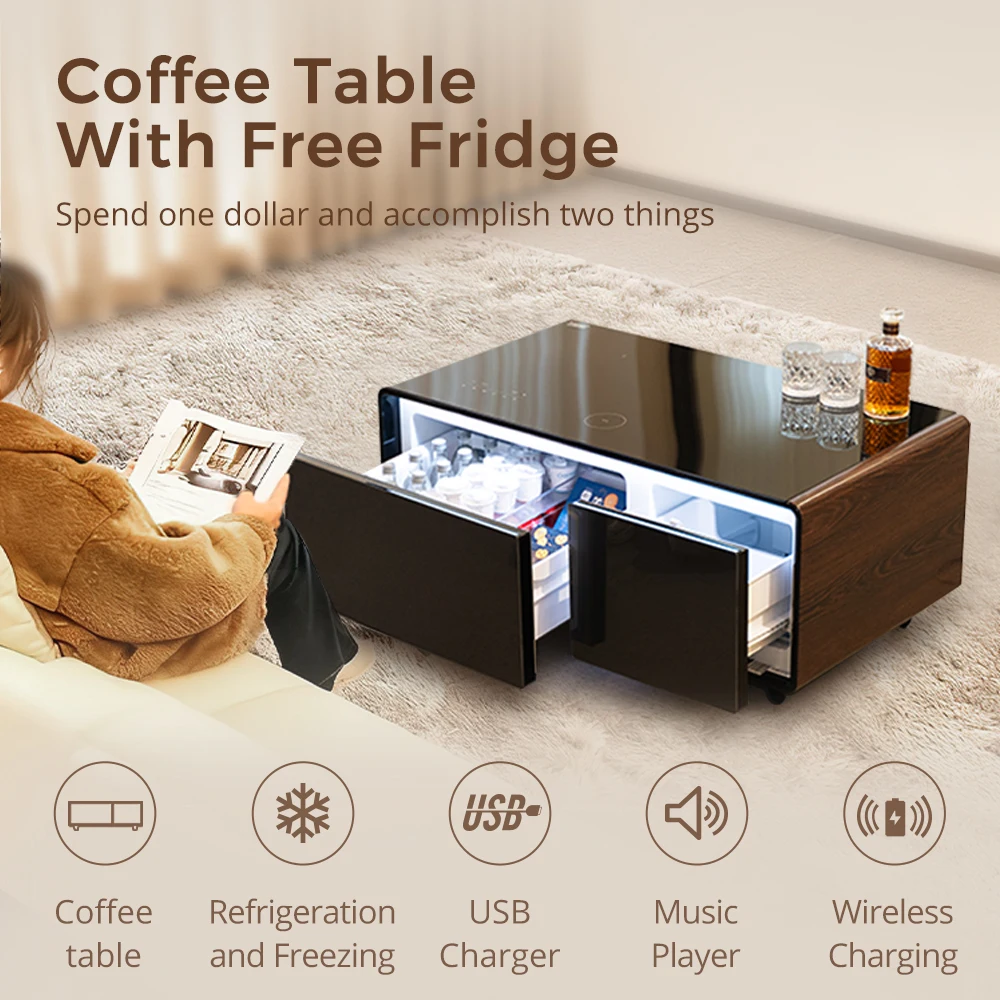 Smart Coffee Table With Double Doors Fridge, Built-in Speaker & Undercounter Freezer For Living Room