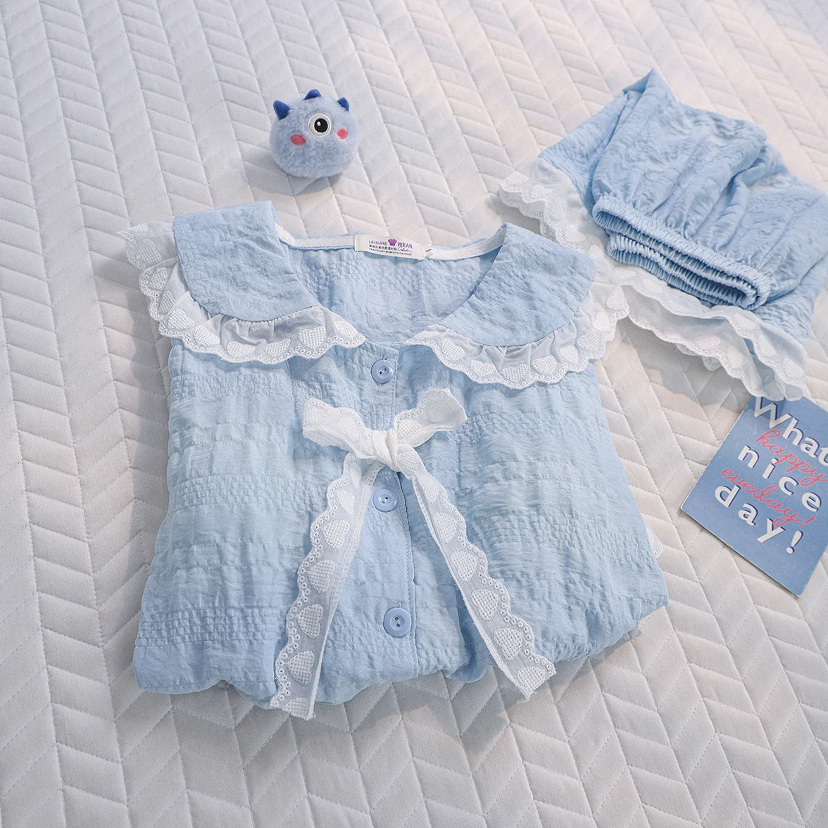 Sweet Princess Style Summer New Japanese Ins Short-sleeved Pajama Set Cute Girl with Chest Pad Loungewear