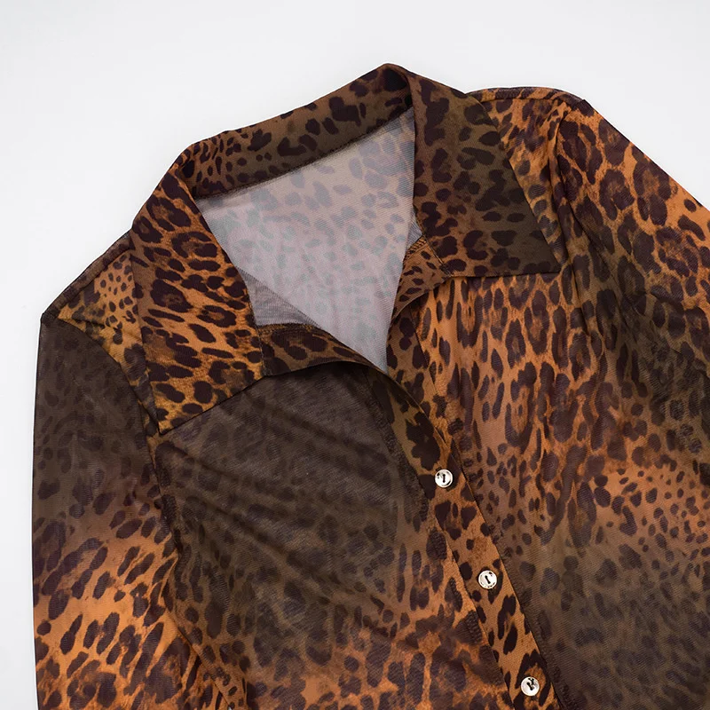 Doyerl Leopard Print Festivals Outfit Women Two Piece Set Club Party Mesh Sheer Long Sleeve Shirt Top+ Flare Pants Matching Sets