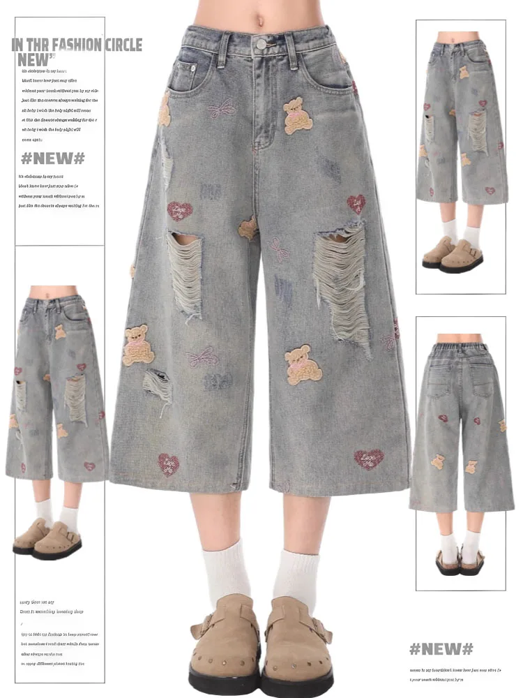 

Street Y2K Vintage Washed Cat Whiskered Style embroidered Bermuda Jeans Knee Length Denim Jorts Casual Shorts Cropped Trousers
